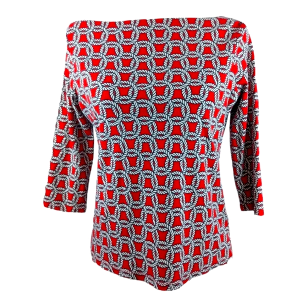 Talbots Red & White Knot & Rope Women's Petite Medium Pima Cotton Top 3/4 Sleeve